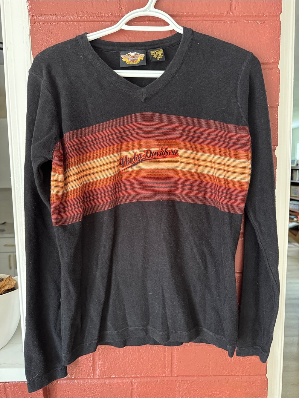 Harley-Davidson Black 100% Cotton V-Neck Sweater Embroidered Logo &Stripes Small